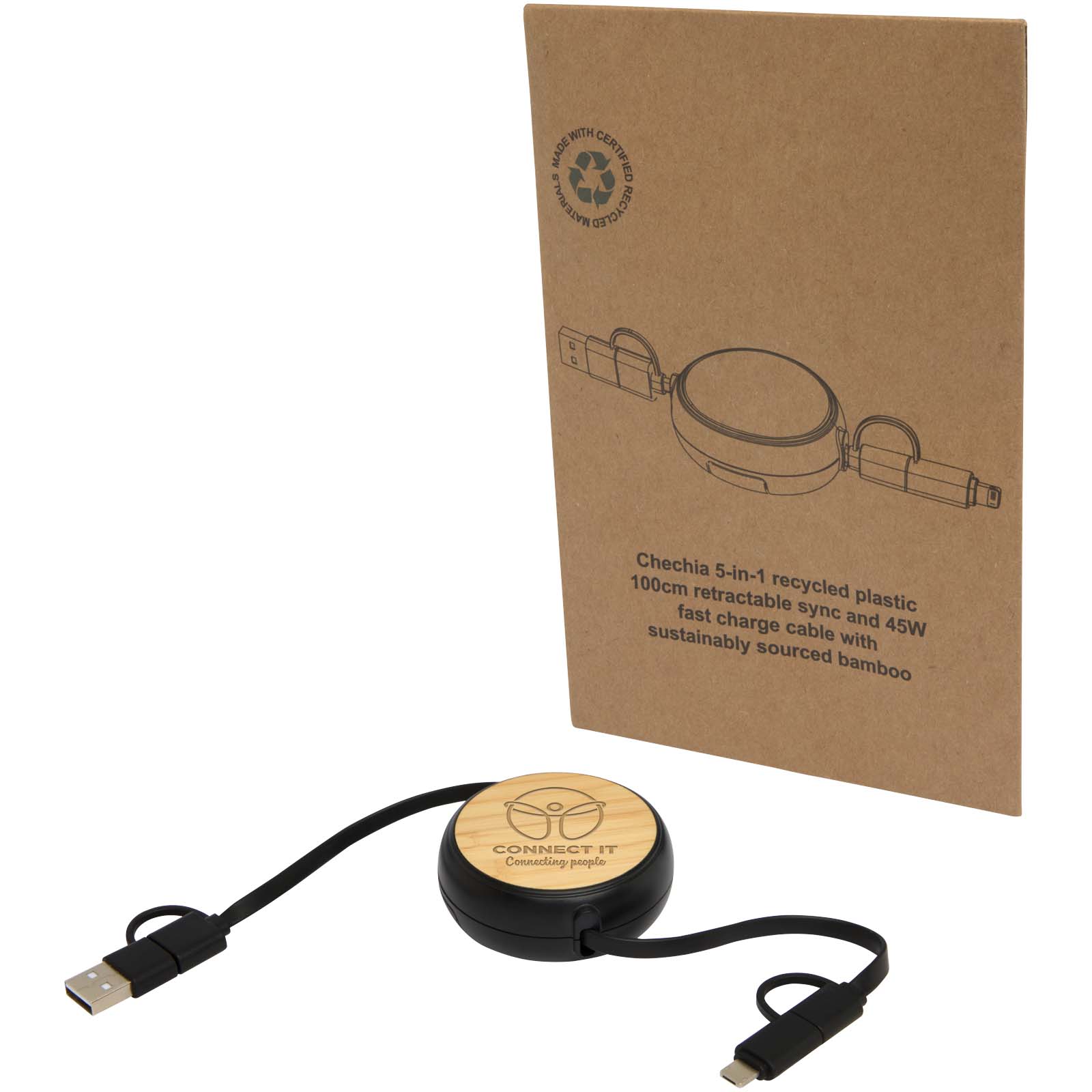 Chechia 100cm 5-in-1 Kabel aus recyceltem Kunststoff, einziehbar, für Datenübertragung und 45W Schnellladung mit Bambusdetail