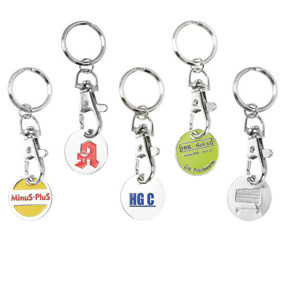 Einkaufswagenchip in 1€ Größe aus Metall mit Karabinerhaken.