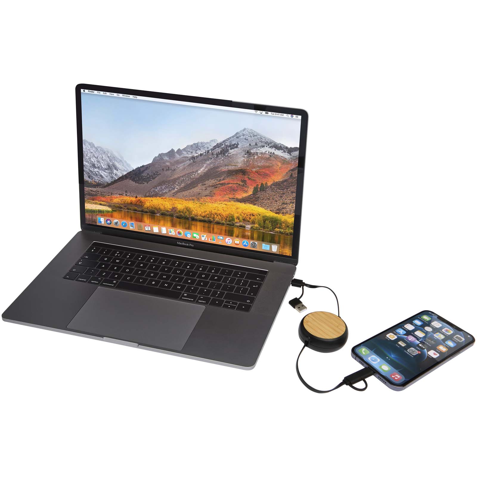 Chechia 100cm 5-in-1 Kabel aus recyceltem Kunststoff, einziehbar, für Datenübertragung und 45W Schnellladung mit Bambusdetail