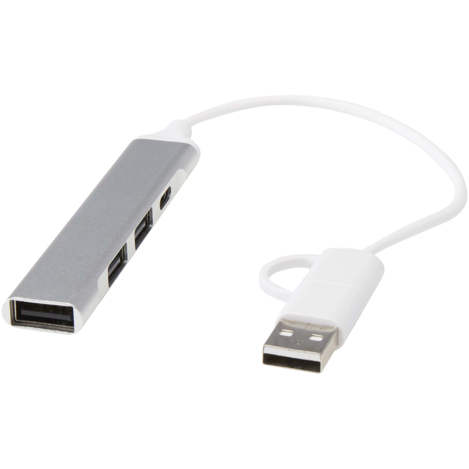 Alkaid 4 Port Hub aus recyceltem Aluminium mit USB-A- und Typ-C-Anschlüssen und zwei Eingängen Alkaid 4 Port Hub aus recyceltem Aluminium mit USB-A- und Typ-C-Anschlüssen und zwei Eingängen