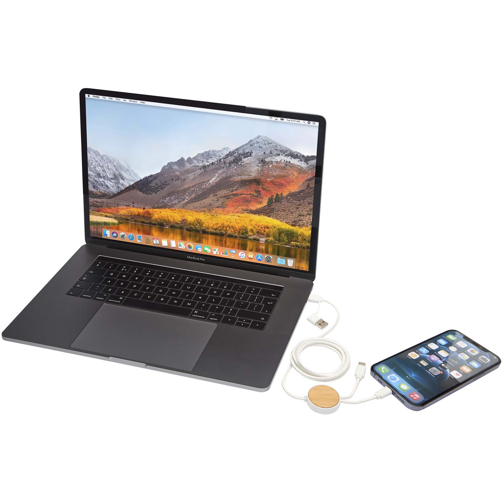 Chechia 150 cm 5-in-1 Kabel aus recyceltem Kunststoff für Datenübertragung und 27W Schnellladung mit Bambusdetails