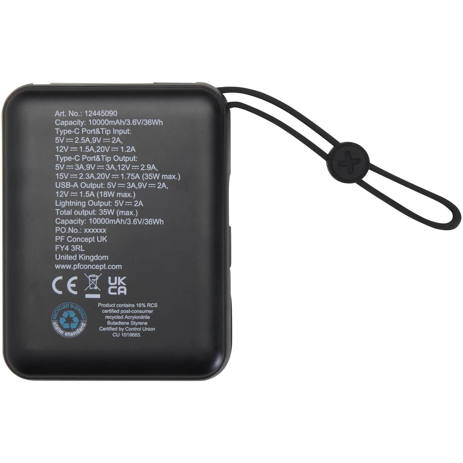 Acrux 35 W 10.000 mAh Tablet Powerbank mit integriertem Typ-C-Kabel aus recyceltem Kunststoff