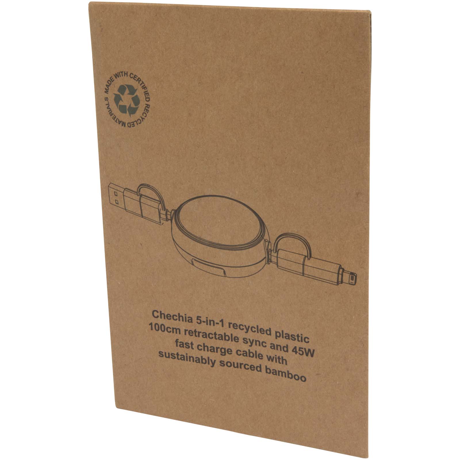Chechia 100cm 5-in-1 Kabel aus recyceltem Kunststoff, einziehbar, für Datenübertragung und 45W Schnellladung mit Bambusdetail