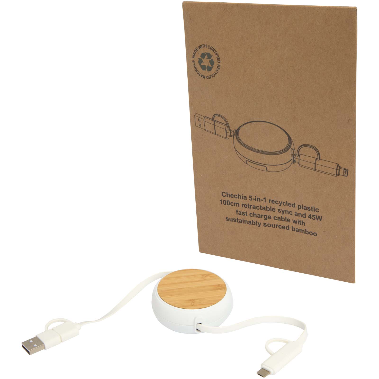 Chechia 100cm 5-in-1 Kabel aus recyceltem Kunststoff, einziehbar, für Datenübertragung und 45W Schnellladung mit Bambusdetail Chechia 100cm 5-in-1 Kabel aus recyceltem Kunststoff, einziehbar, für Datenübertragung und 45W Schnellladung mit Bambusdetail