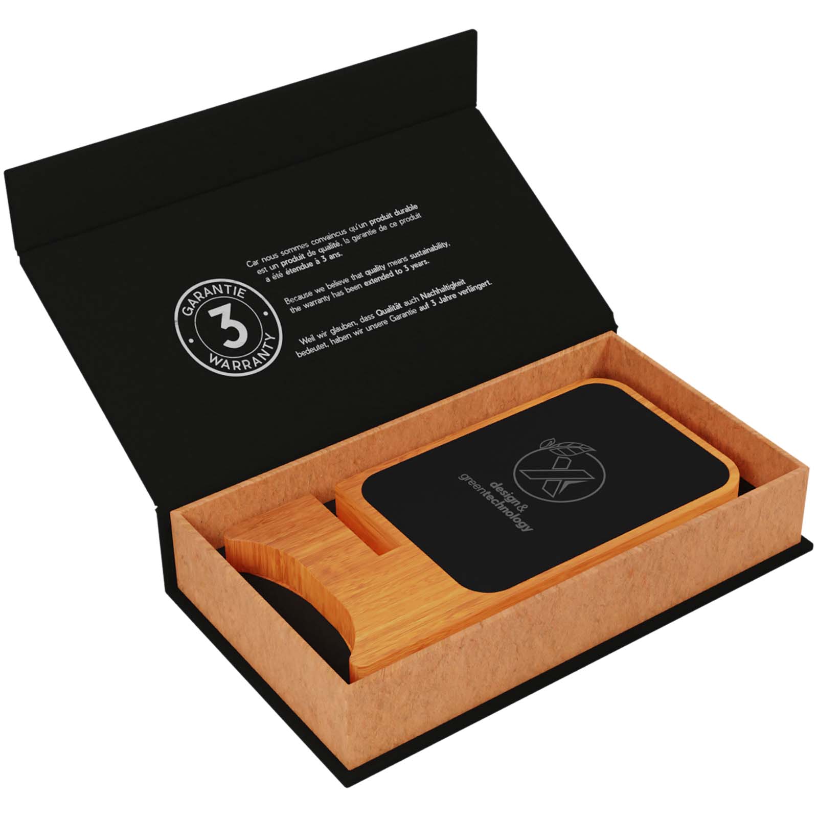 SCX.design W16 kabelloser 15-Watt-Ladeständer aus Holz mit Leuchtlogo