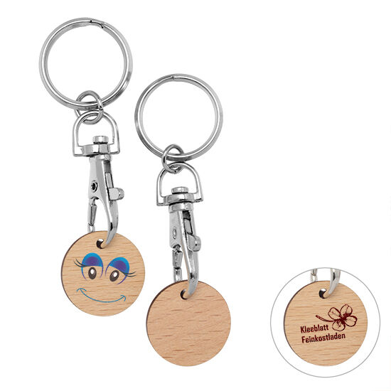 Einkaufswagenchip aus Birkenholz in 1€ Größe mit Karabinerhaken