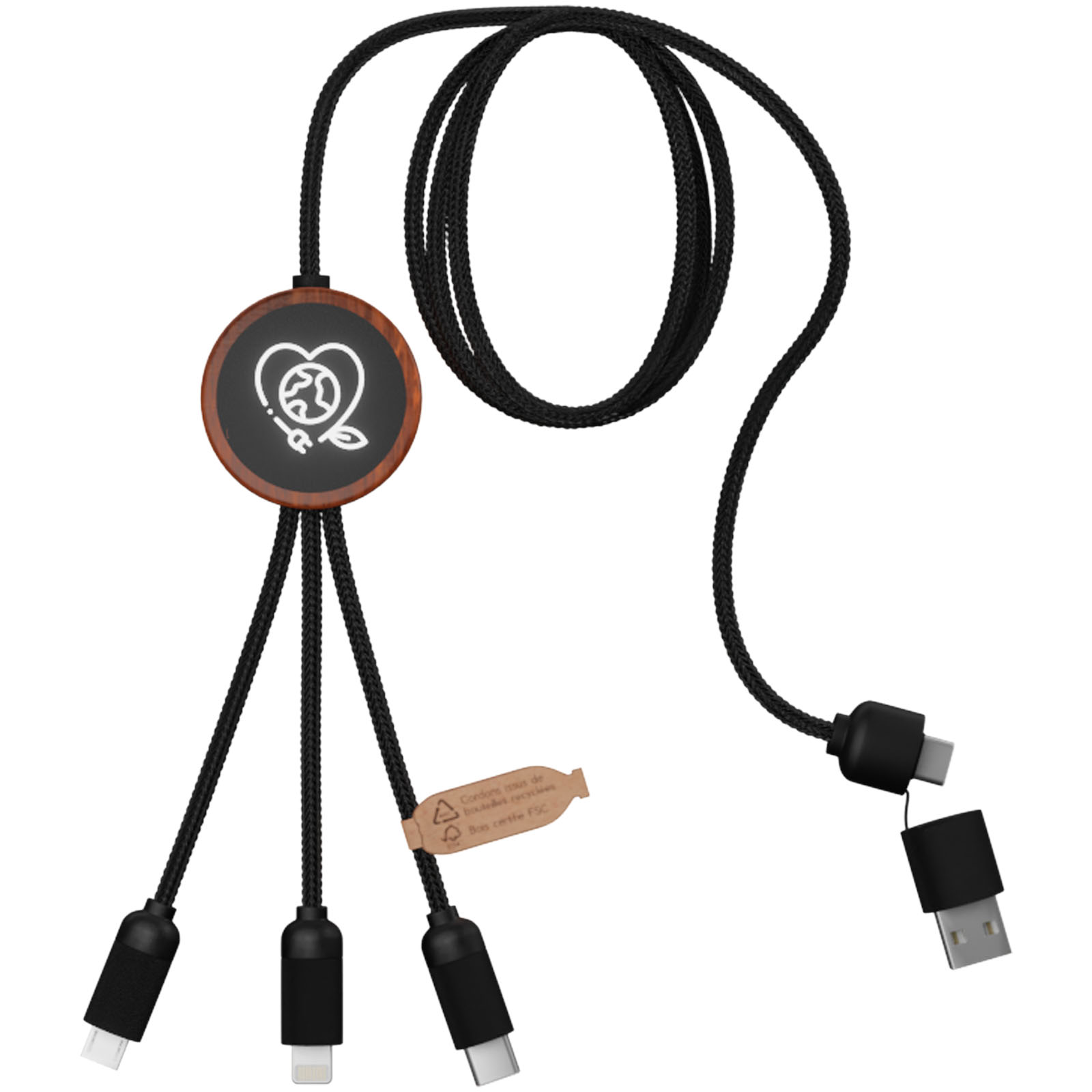 SCX.design C37 40W 5-in-1 rPET Ladekabel in rundem Bambusgehäuse mit Leuchtlogo