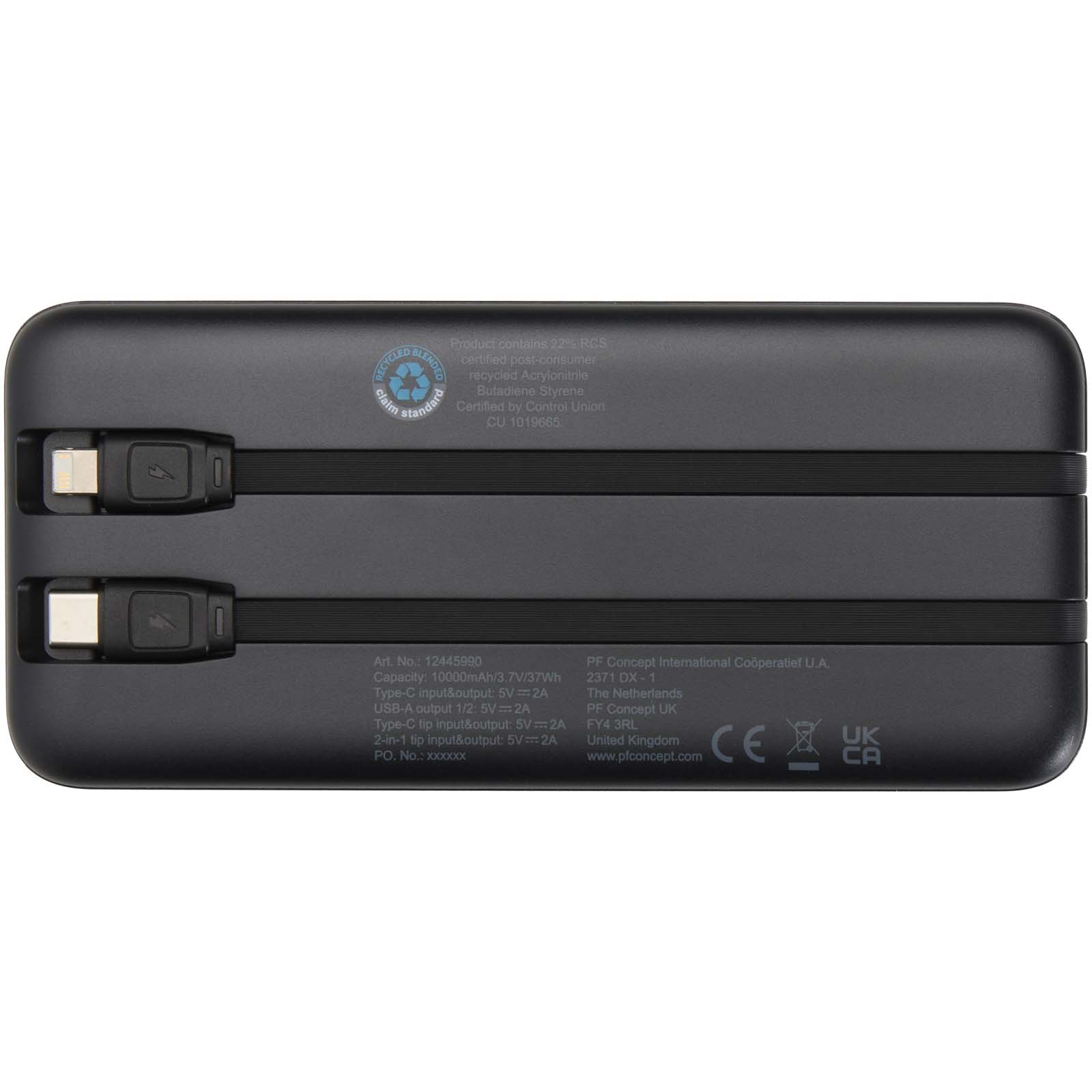 Adhil 10 W 10.000 mAh Powerbank aus recyceltem Kunststoff mit 2 integrierten Kabeln