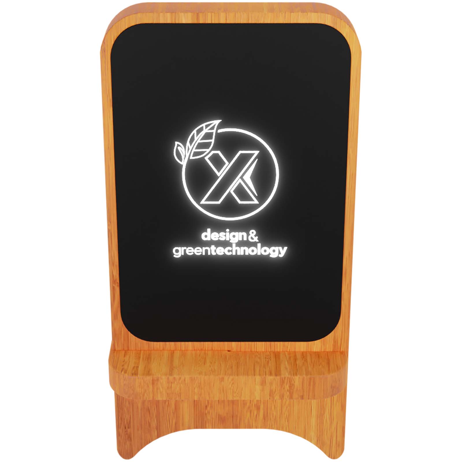 SCX.design W16 kabelloser 15-Watt-Ladeständer aus Holz mit Leuchtlogo