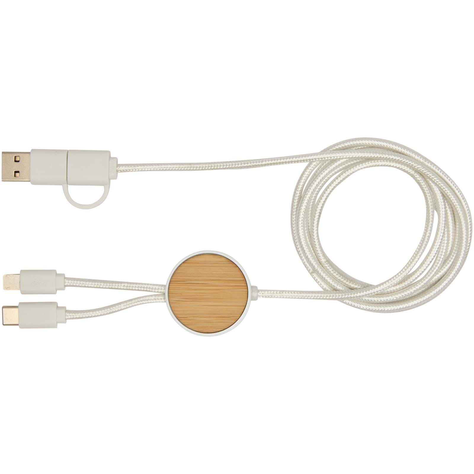 Chechia 150 cm 5-in-1 Kabel aus recyceltem Kunststoff für Datenübertragung und 27W Schnellladung mit Bambusdetails