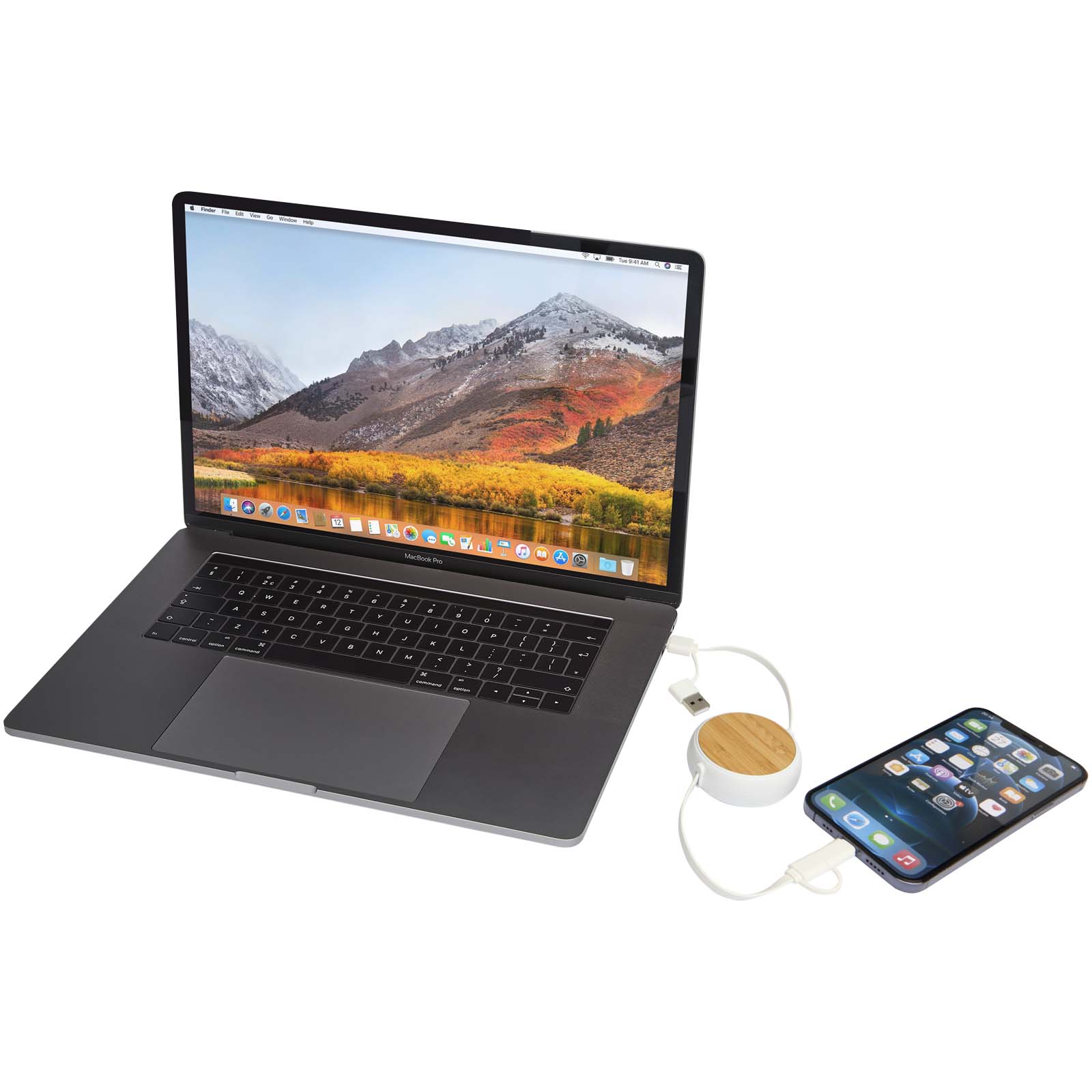 Chechia 100cm 5-in-1 Kabel aus recyceltem Kunststoff, einziehbar, für Datenübertragung und 45W Schnellladung mit Bambusdetail