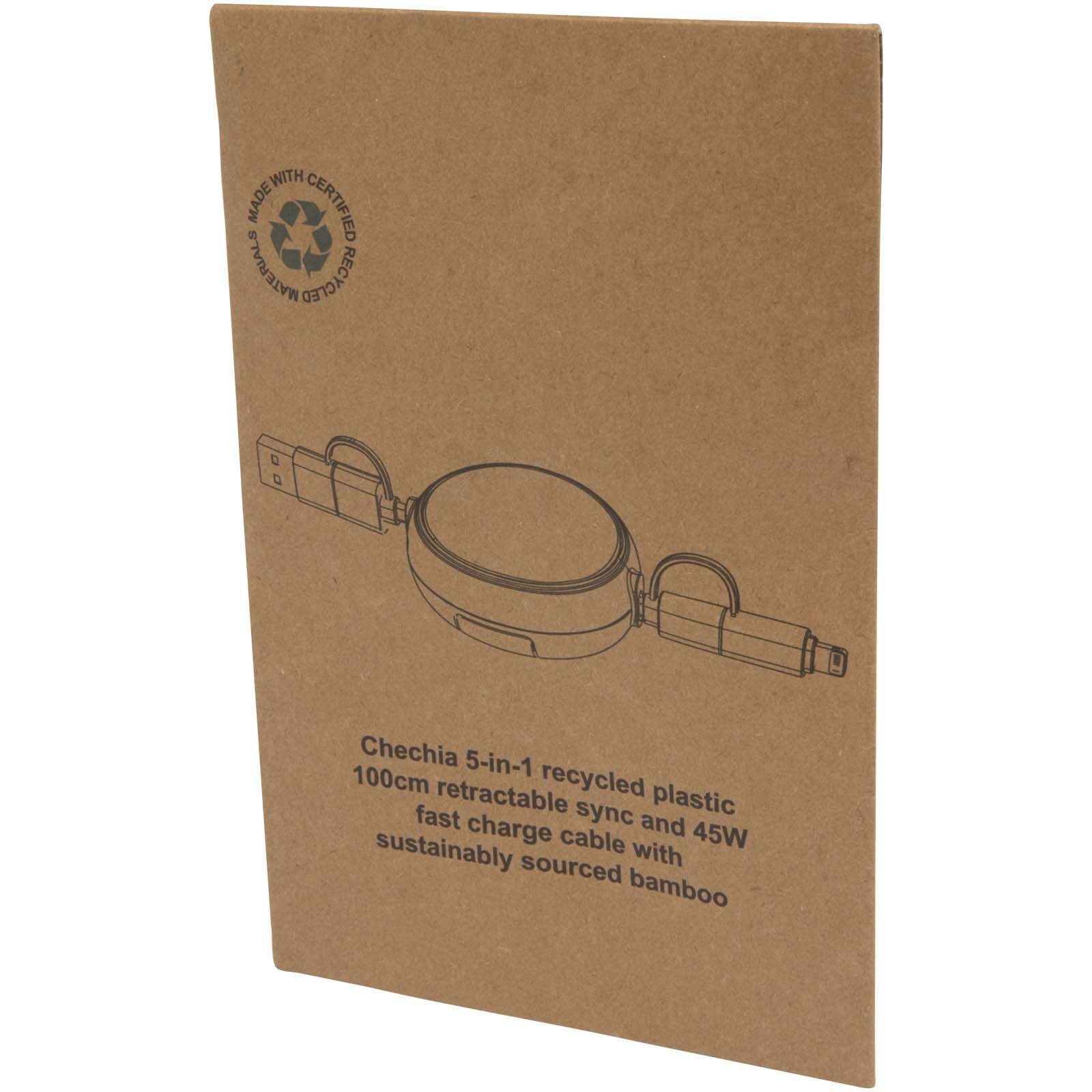 Chechia 100cm 5-in-1 Kabel aus recyceltem Kunststoff, einziehbar, für Datenübertragung und 45W Schnellladung mit Bambusdetail